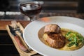 Steak dinner with wine table setting Royalty Free Stock Photo