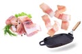 A steak of flying fish falls into the pan. The effect of flying motion in the cooking process.Isolated objects on a white Royalty Free Stock Photo