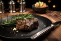 Steak, fork and knife, rosemary and garlic Royalty Free Stock Photo