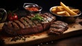 a steak and fries on a wooden board