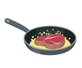 Steak frying pan. beefsteak griddle. Fried piece of meat. Fresh