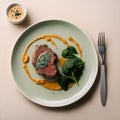 Steak with green and yellow sauce on a plate with spinach. Beige background. Generative AI content.