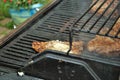 Steak on the grill at a backyard cookout