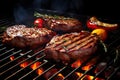 Steak on the grill with flames and smoke, close-up, Beef steak and sausages on barbecue grill, closeup, AI Generated