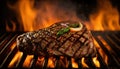 steak on a grill grate with flames, generative ai