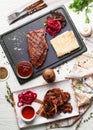 Steak grill, ribs, graphite board, still-life from above, food