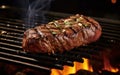 Steak grilled on the grill over an open flame