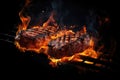 Steak Grills With Fiery Flames On Black Background