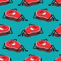 Steak happy pattern seamless. cartoon piece of meat background. Vector texture