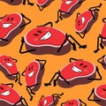 Steak happy pattern seamless. cartoon piece of meat background. Vector texture