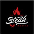 Steak house with fire flame and crossed cleavers in vintage rustic grunge style. Hand drawn engraved bonfire or burn sketch.