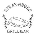 Steak House or Grill Bar Logo. Flank Steak Beef Cut with Lettering in s Thyme Herb Frame. Meat Logo for Butcher Shop, Menu. Hand D