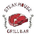 Steak House or Grill Bar Logo. Rib Eye Steak Beef Cut with Lettering in s Thyme Herb Frame. Meat Logo for Butcher Shop, Menu. Hand