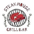 Steak House or Grill Bar Logo. Rib Eye Steak on a Grill . Beef Cut with Lettering in s Thyme Herb Frame. Meat Logo for Butcher Sho