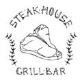 Steak House or Grill Bar Logo. T-Bone Steak Beef Cut with Lettering in s Thyme Herb Frame. Meat Logo for Butcher Shop, Menu. Hand