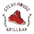 Steak House or Grill Bar Logo. T-Bone Steak Beef Cut with Lettering in s Thyme Herb Frame. Meat Logo for Butcher Shop, Menu. Hand