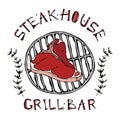 Steak House or Grill Bar Logo. T-Bone Steak on a Grill . Beef Cut with Lettering in s Thyme Herb Frame. Meat Logo for Butcher Shop