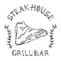Steak House or Grill Bar Logo. Tri-Tip Steak Beef Cut with Lettering in s Thyme Herb Frame. Meat Logo for Butcher Shop, Menu. Hand