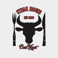 Steak house logo with bull`s head, knife and fork. Vector illustration Royalty Free Stock Photo