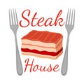 Steak house logo, label. Fork, meat. Cartoon flat style. Vector Royalty Free Stock Photo