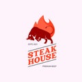 Steak House Logo Label Graphic Design with Flat Illustration of Bull Flame