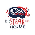 Steak house logo template estd 1968, vintage label colorful hand drawn vector Illustration