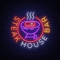 Steak House Logo Vector. Neon sign, symbol, bright advertising night barbecue, grill, roast meat, grill bar, restaurant Royalty Free Stock Photo