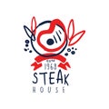 Steak house logo since 1968, vintage label colorful hand drawn vector Illustration