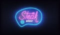 Steak house neon vector sign. Glowing lettering label for barbecue or grill restaurant. Royalty Free Stock Photo