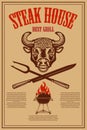 Steak house. Poster template with bbq grill and head of bull. Design element for card, flyer, banner, emblem. Royalty Free Stock Photo