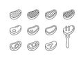 Steak linear icons set. Beef with bone, fat, grill strips, fork. Different views of raw meat piece for packaging design. Black