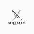 Steak logo with knife and rosemary on white