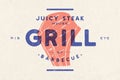 Steak, logo, meat label. Logo with steak silhouette, text juicy steak