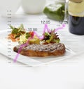 Steak with mashed potatoes and salad, isolated fat infographic