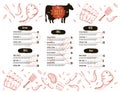 Steak menu design. BBQ grill poster with sketch icons. Barbecue cafe design