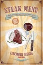 Steak menu design with graphic illustration of a fillet steak on a plate and glass of wine