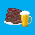 Steak and mug of beer. Fried Meat and alcohol. Vector illustration