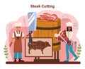 Steak. People cutting beef and cooking tasty grilled meat with sauces