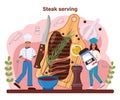 Steak. People cutting beef and cooking tasty grilled meat with sauces