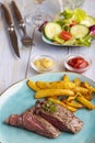 steak on a plate with fries