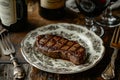 Steak on Plate Next to Wine Bottle, Porterhouse steak resting on a vintage plate with a vintage wine bottle in the backdrop, AI