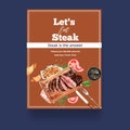 Steak poster design with french fries, grilled meat watercolor illustration