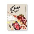 Steak poster design with grilled meat, fresh meat watercolor illustration