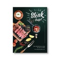 Steak poster design with rice, grilled meat watercolor illustration