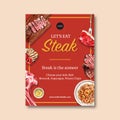 Steak poster design with spaghetti, steak, tomato watercolor illustration
