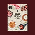 Steak poster design with spaghetti, steak watercolor illustration