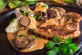 Steak with potato dumplings and forest mushroom sauce Royalty Free Stock Photo