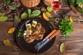 Steak with potato dumplings and forest mushroom sauce Royalty Free Stock Photo