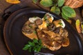 Steak with potato dumplings and forest mushroom sauce Royalty Free Stock Photo