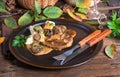 Steak with potato dumplings and forest mushroom sauce Royalty Free Stock Photo